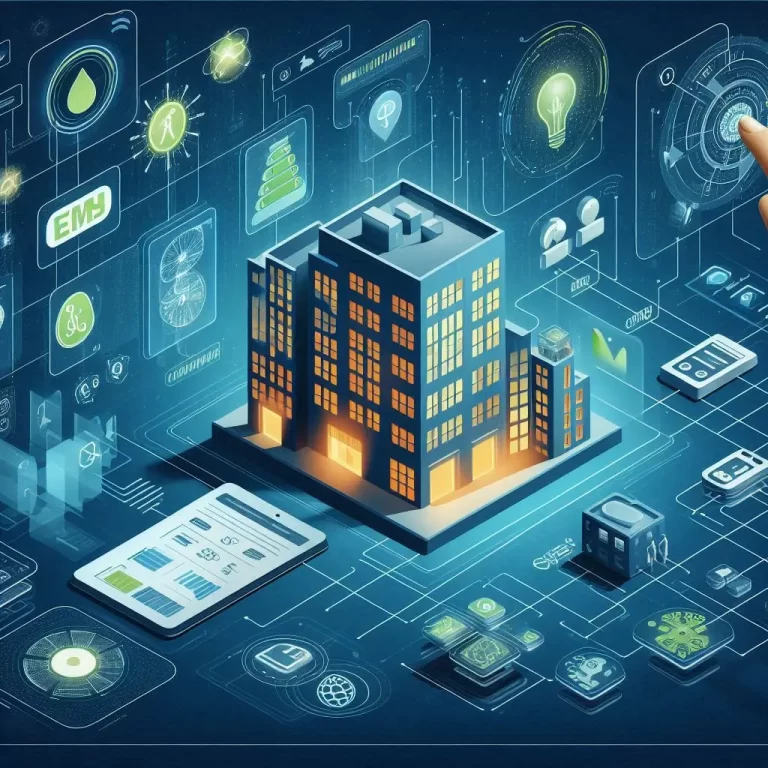 Infographic of a building highlighting capabilities of a building management system, including smart data analysis, energy management, and security.