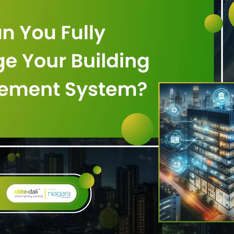 Modern office building with smart systems overlay, showcasing building management capabilities.