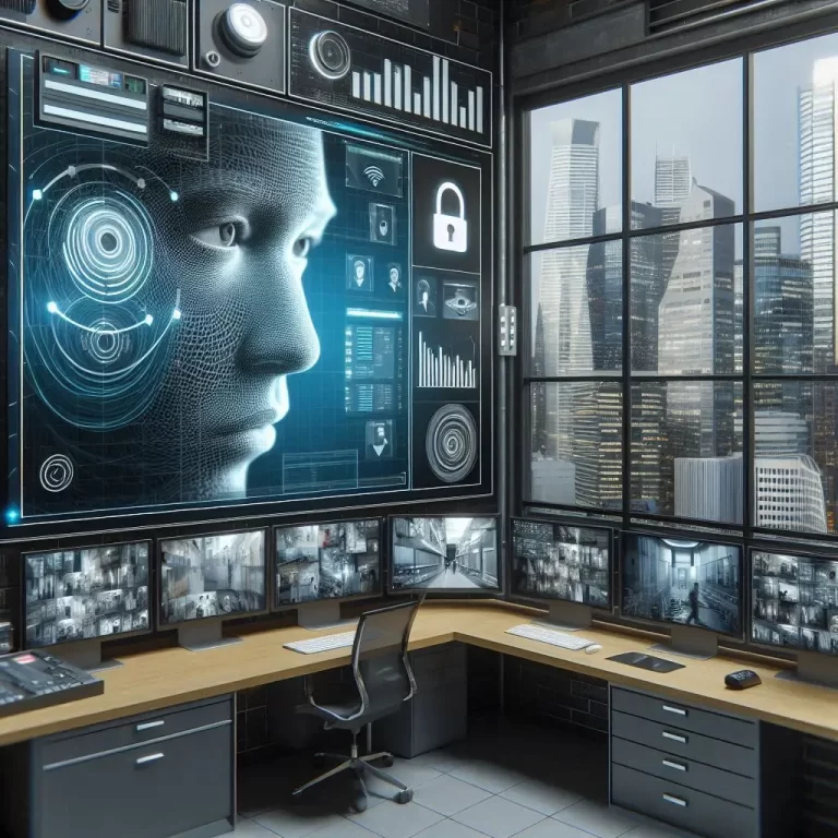 Modern security control room with live feeds from facial recognition cameras, motion sensors, and access control panels integrated with a building management system.