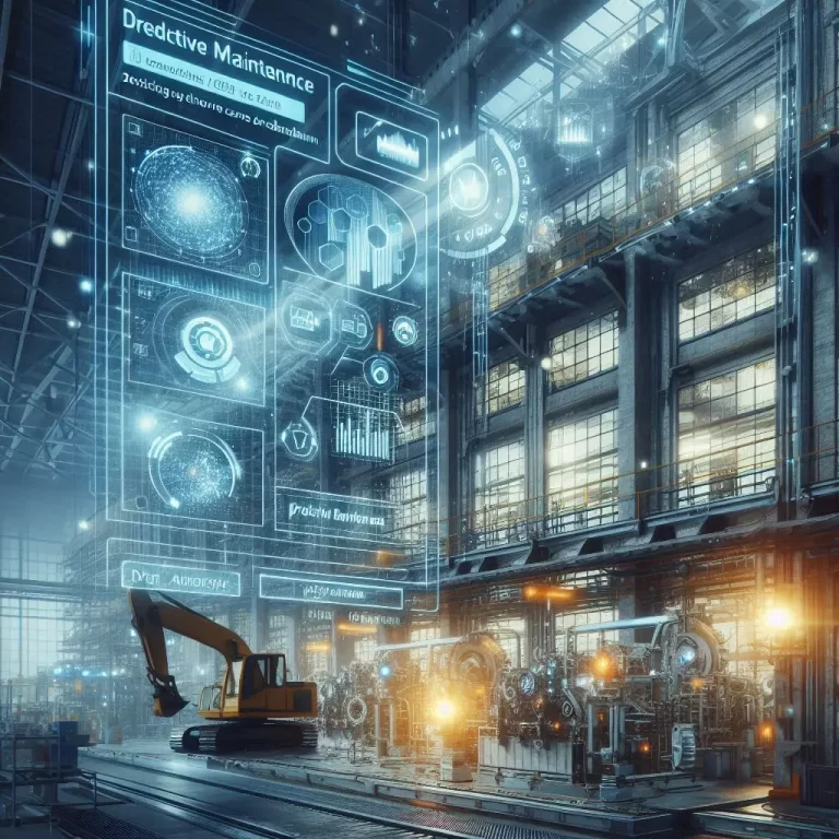 Industrial setting with machinery and a digital interface displaying real-time data and alerts for predictive maintenance.