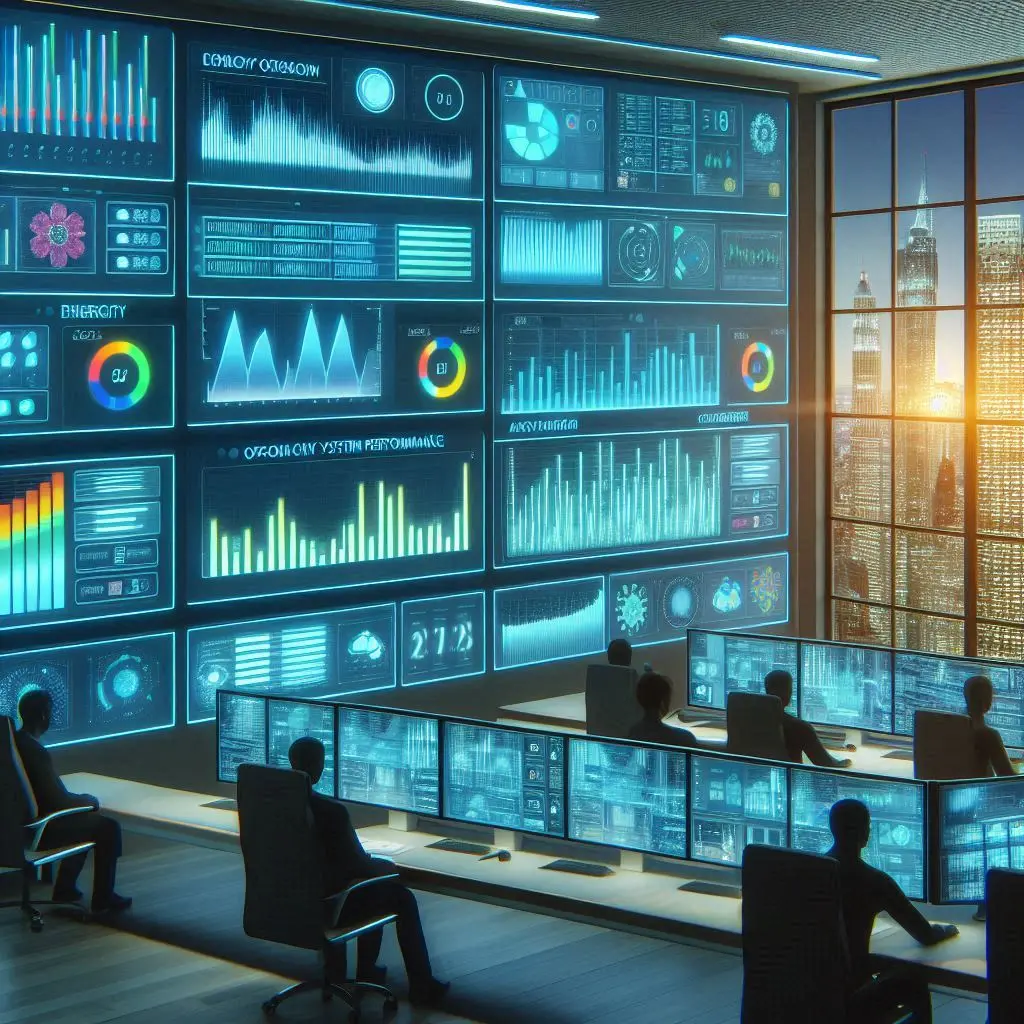 High-tech control room with multiple screens displaying data analytics for building energy usage, occupancy, and system performance.