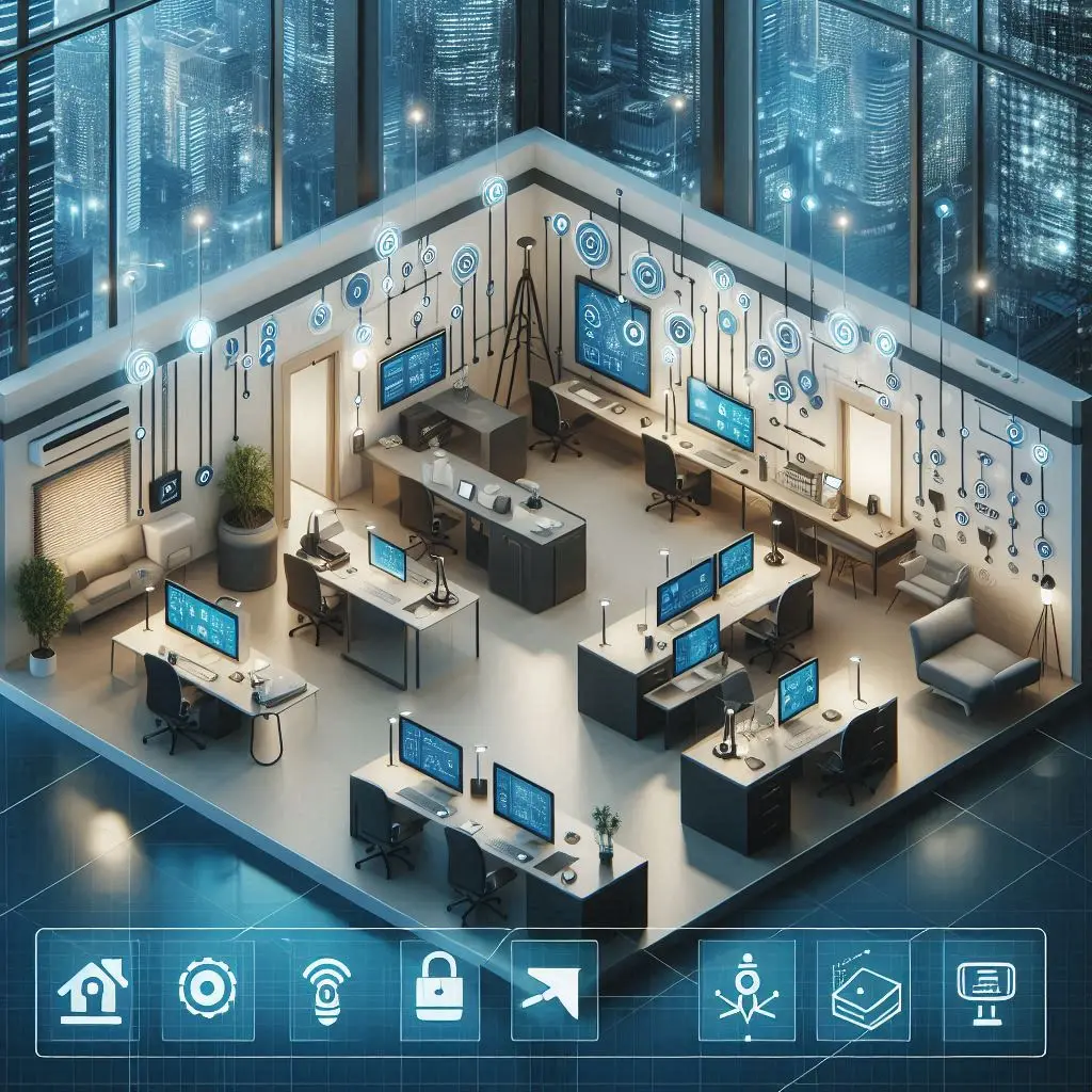 Smart office interior with IoT devices like smart thermostats, lighting systems, and air quality sensors integrated into the building management system.