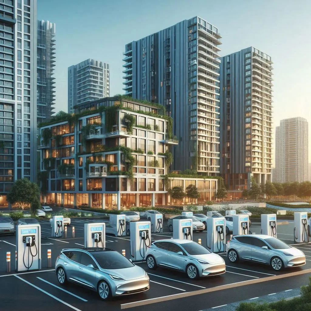 "Electric vehicles charging at a modern building's EV charging stations, highlighting the integration of sustainable transportation and contemporary architecture."