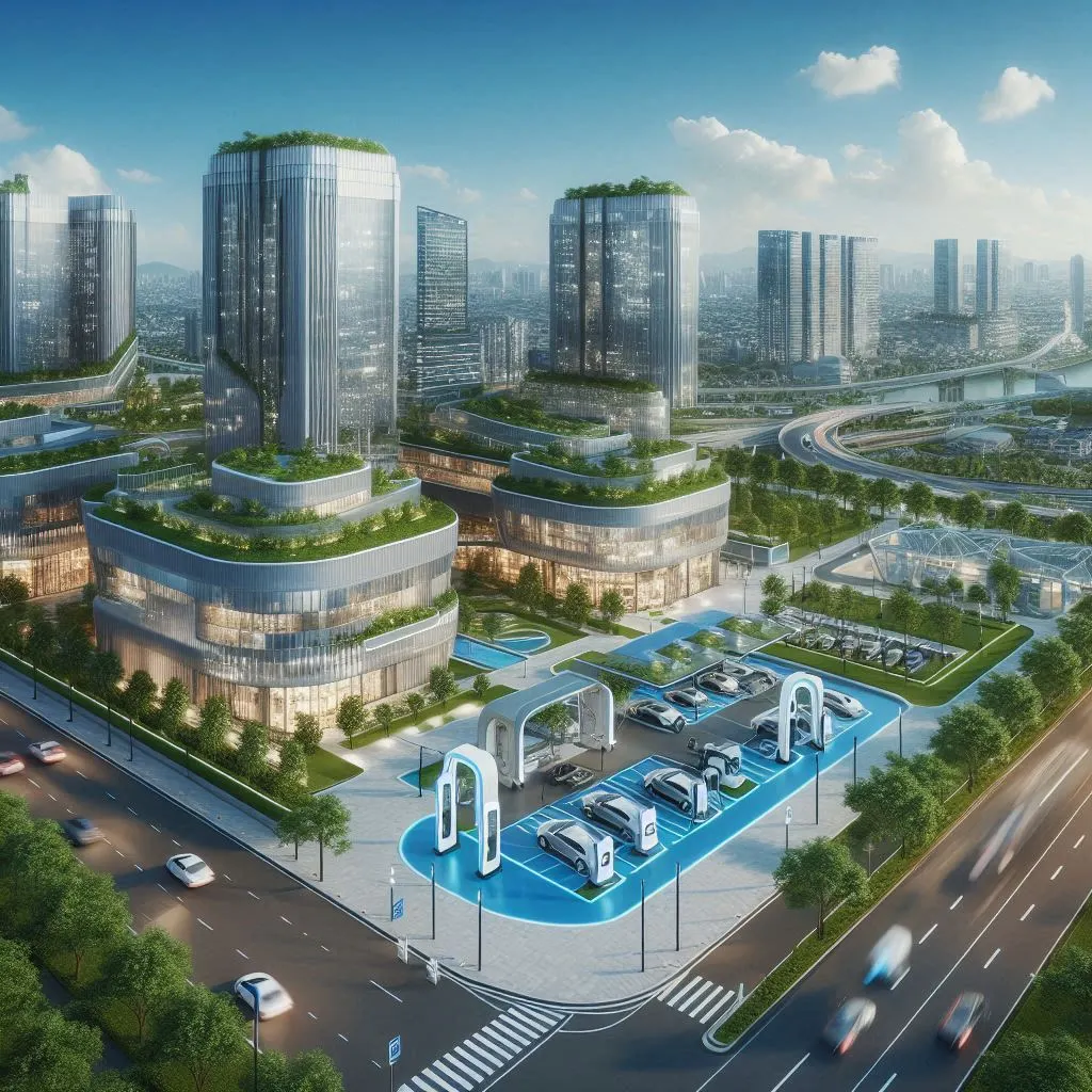 "Futuristic urban landscape in India showcasing the integration of smart energy management systems and EV infrastructure, illustrating efficient energy usage and sustainable practices."