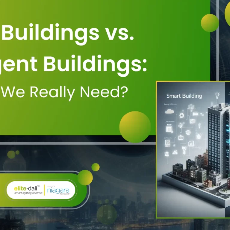 Thumbnail image comparing smart buildings and intelligent buildings with icons representing technology and advanced features.
