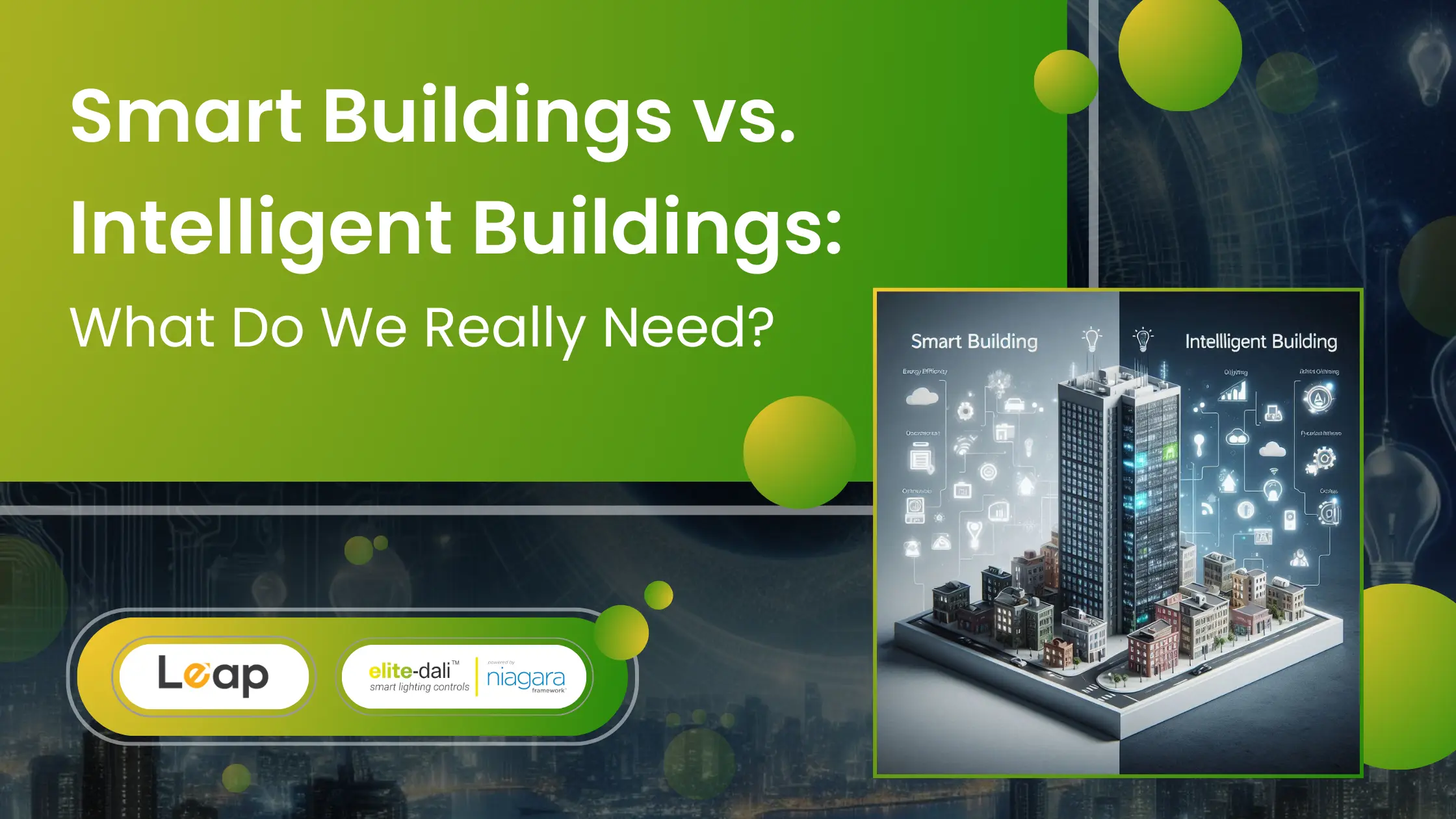 Thumbnail image comparing smart buildings and intelligent buildings with icons representing technology and advanced features.